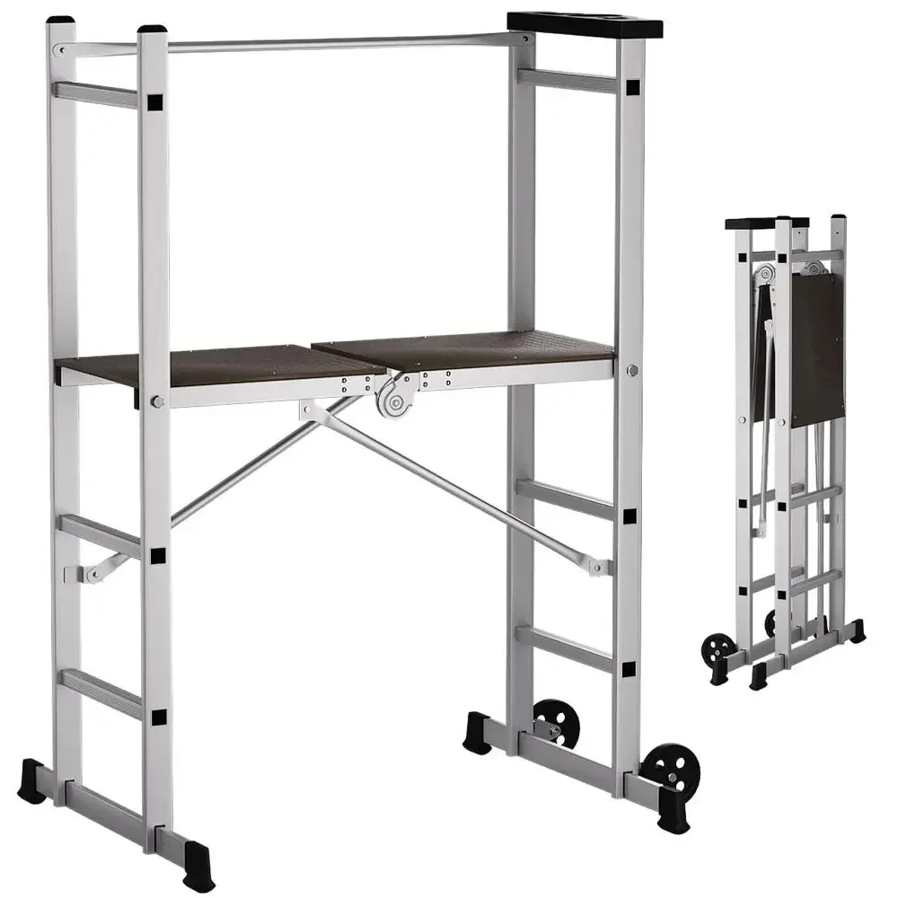 Foldable Aluminum Rolling Scaffold Tower Work Platform Ladder Stool Safety Handrail Kit