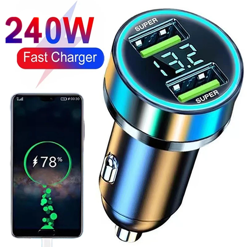 Cargador de coche de 240W, puertos USB duales, adaptador de carga súper rápida para IPhone 15, Samsung, Xiaomi, cargadores rápidos para teléfono, piezas de automóvil