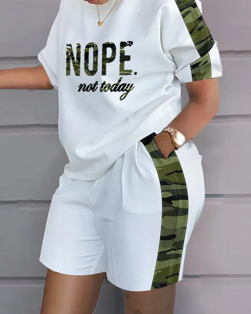 Frauen Casual Kurzarm Outfit 2024 Sommer Mode Brief Gedruckt O Neck Tasche Anzug Weibliche T-shirt Top Shorts Zwei Stücke set