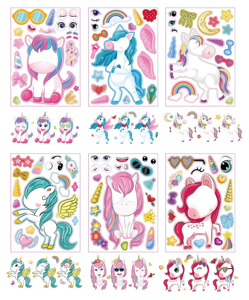 6 แผ่น/ชุดการ์ตูนยูนิคอร์น Make A Face ประกอบ DIY สติกเกอร์เด็ก Handmade Creative Kawaii สติกเกอร์ตกแต่ง