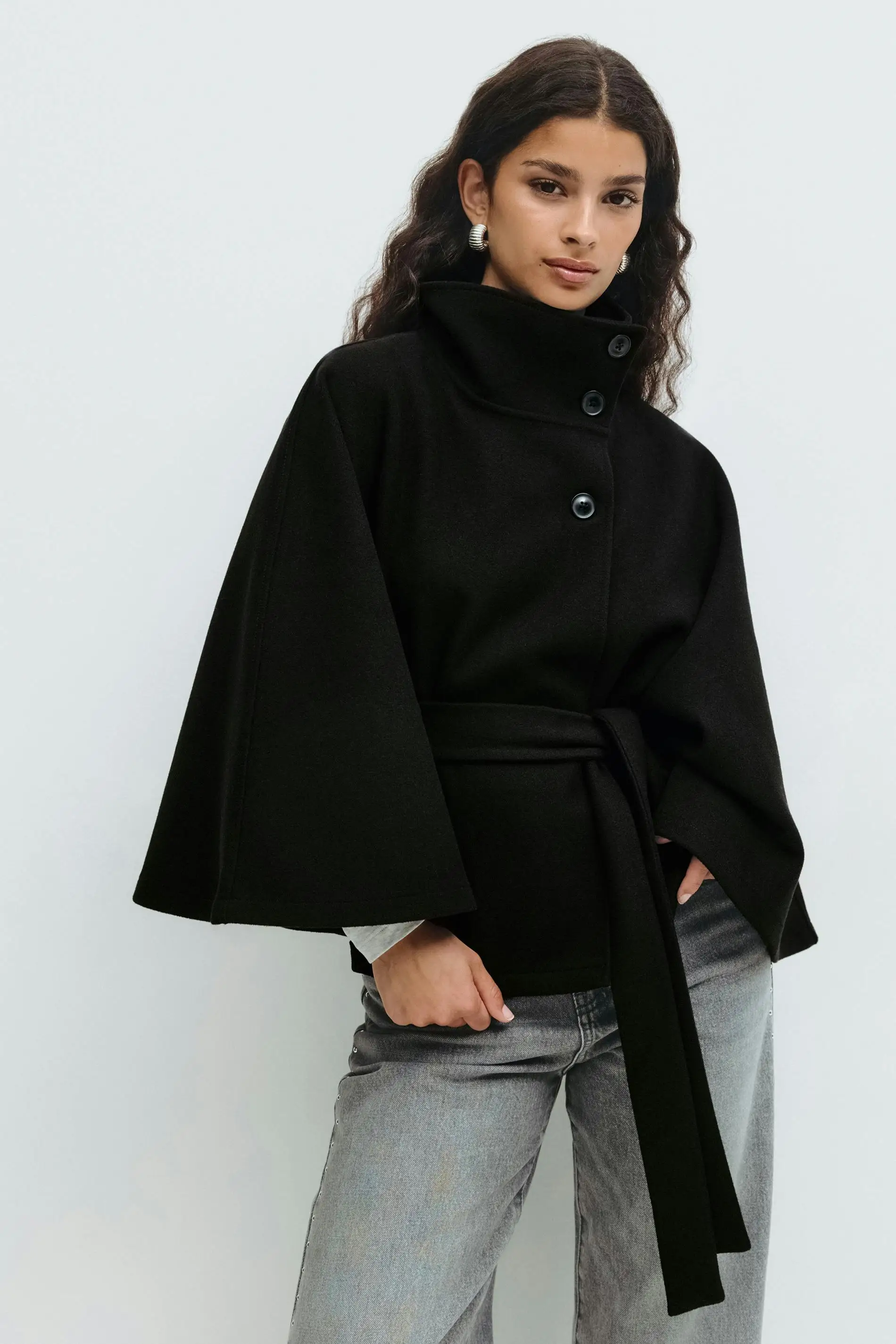 Schicke Vintage-Umhangjacke mit Gürtel, Stehkragen, einreihiger, lockerer Mantel, lockere Flare-Ärmelmäntel, frühe Damen-Herbst-Y2K-Outwears