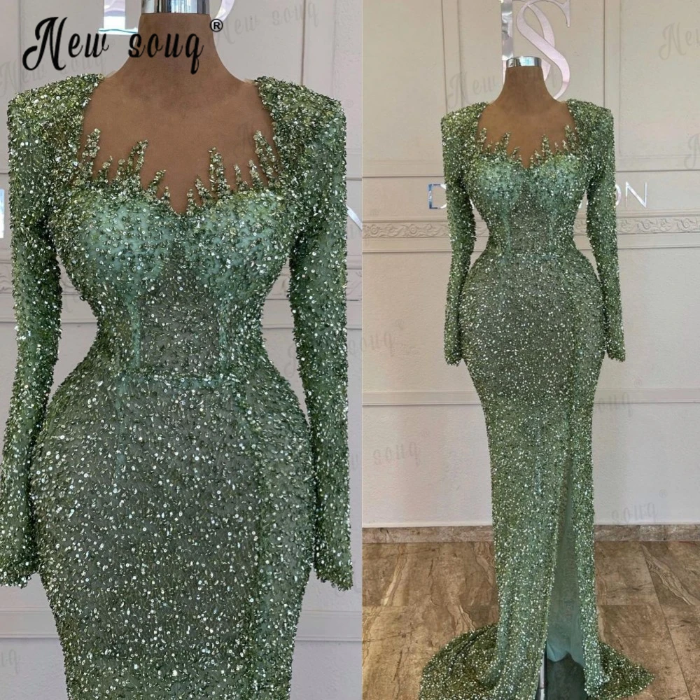 Couture Green Long Sleeve Mermaid Evening Dress Shoulder Pad Full Beaded Formal Prom Party Gowns Muslim Customized Robe Soirée