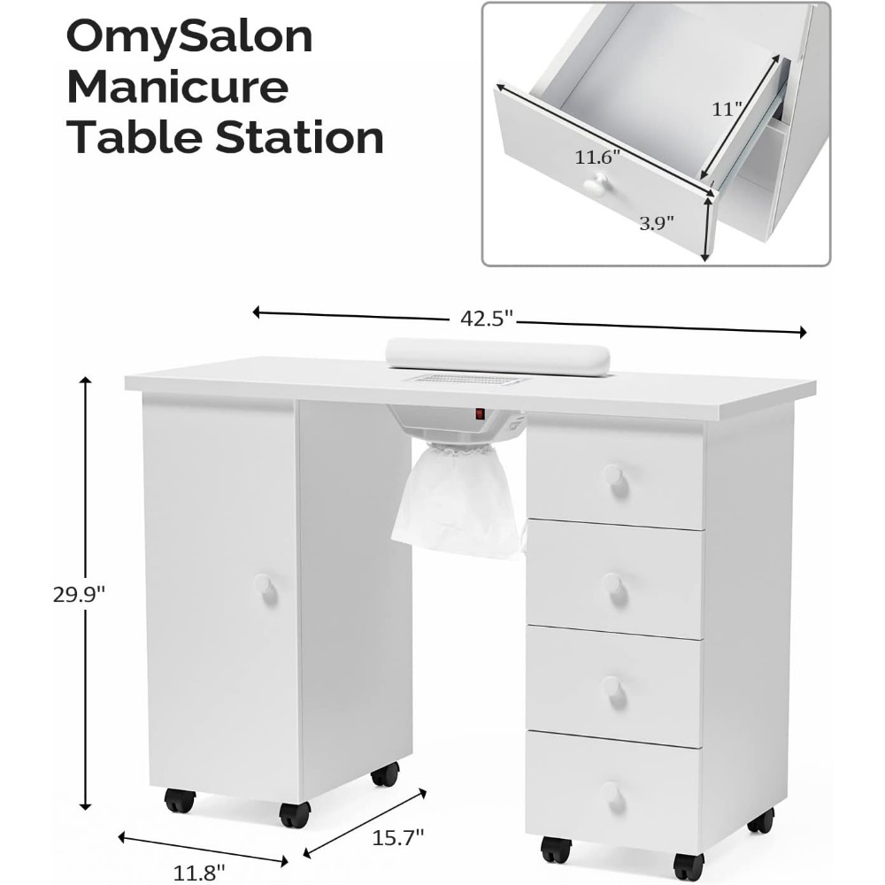 Manicure Table Nail Desk for Nail Tech, Nail Table Beauty Salon Tech Station w/Electric Downdraft Vent, Lockable Wheels,Wrist