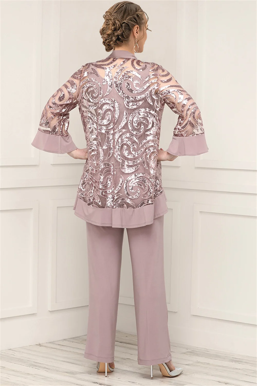 Plus Size Mother of The Bride Mesh 3/4 Sleeve Formal Three Pieces Set Pant Suits