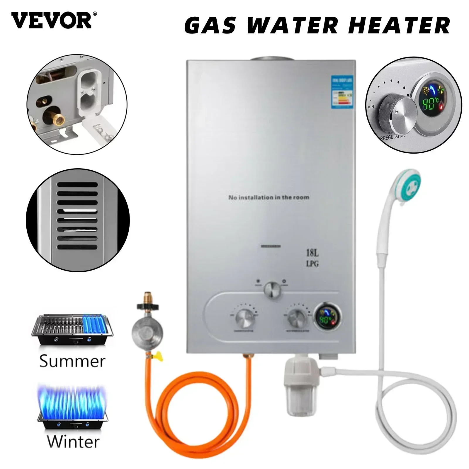 VEVOR 6L 8L 10L 12L 16L 18L Газовый водонагреватель для сжиженного нефтяного газа Домашний мгновенный безрезервуарный пропан безрезервуарный газовый водонагреватель