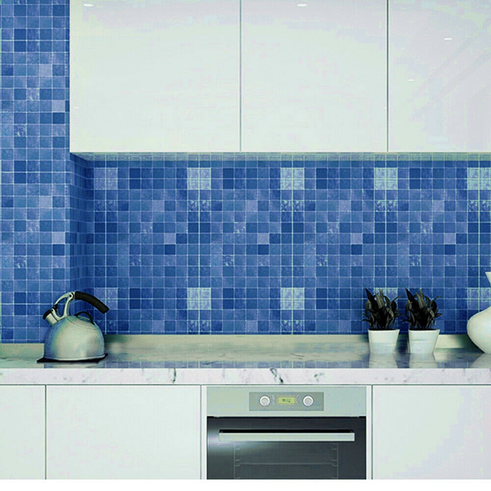 Blue Mosaic Self Adhesive Wallpaper Peel and Stick Bathroom Wallpaper Worktop Cover Wall Tile Stickers Kitchen Countertop Decor