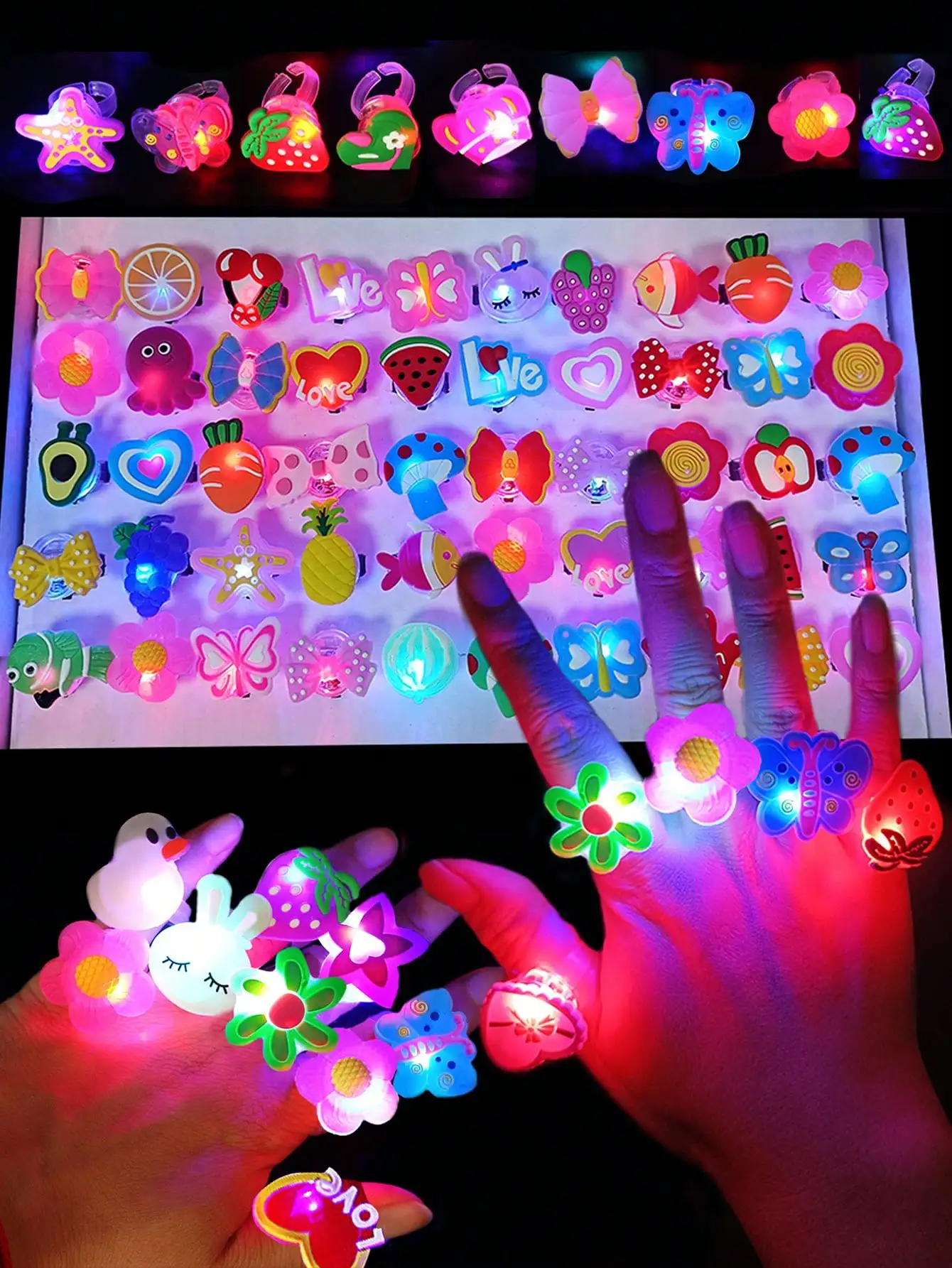 50 Uds. Anillos luminosos LED de dibujos animados para dedo, anillos de dedo iluminados con flores y animales, anillos brillantes que brillan en la oscuridad, suministros para fiestas