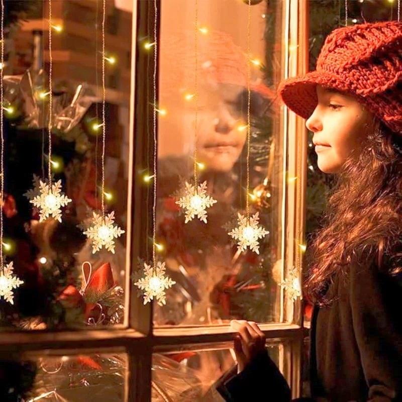 3.2M Christmas Snowflake Curtain String Lights ในร่มคริสต์มาสงานแต่งงานปาร์ตี้ปีใหม่ LED Xmas โคมไฟตกแต่งชายคา