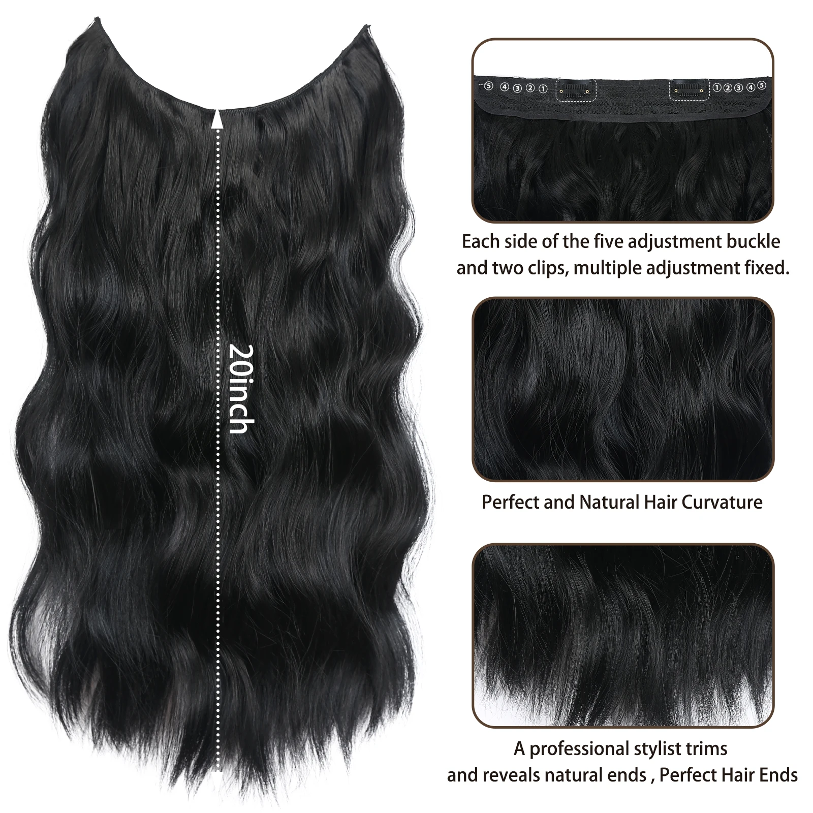 Clipes sintéticos fio extensões de cabelo invisível longo ondulado linha de peixe peruca para mulheres linha de peixe extensão do cabelo 2 clipes