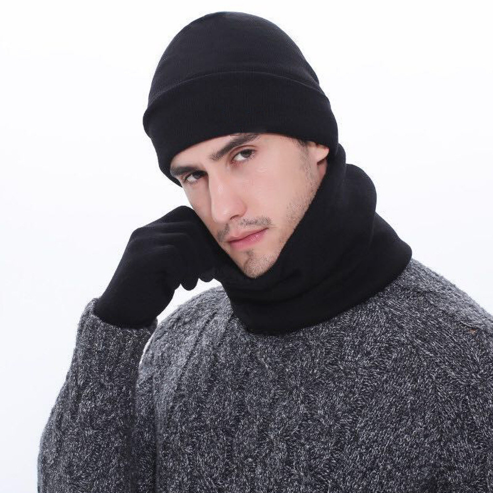 Conjunto de otoño e invierno para hombre, gorro Unisex, guantes, bufanda, silenciador de punto de hilo de lana para hombre, sombrero de Color sólido, venta al por mayor, envío directo