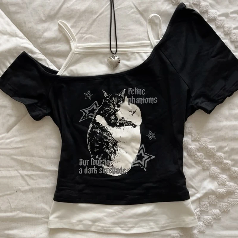 Camiseta estética gótica Fledermaus breve Y2K Stil zweitelige Kurzarm Weste Harajuku ropa de calle Hosentrger Frauen Kleidung