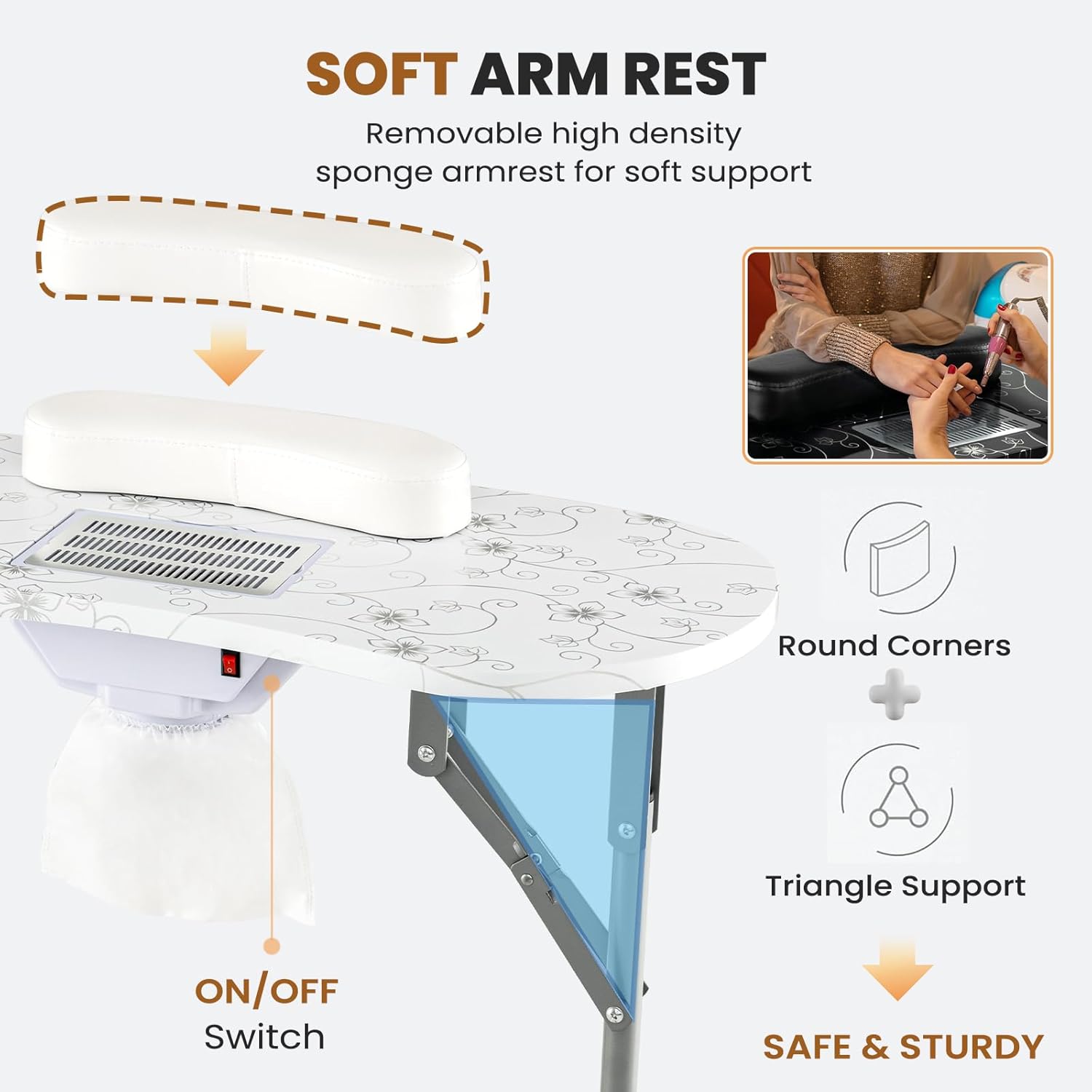 Nail Table All-in-One Manicure Desk w/Electric Dust Collector, LED Nail Lamp, Carry Bag & Wrist Cushion, Mobile Nail Desks w/Uni