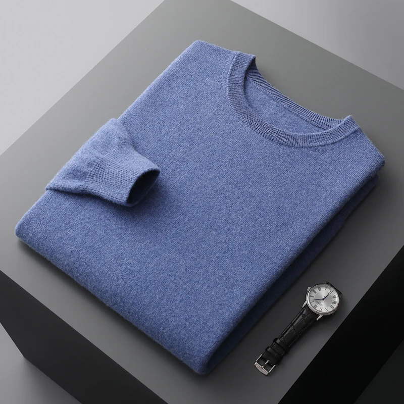 ขนสัตว์ Merino 100% เสื้อกันหนาวผู้ชาย O-คอถักเสื้อแขนยาวผู้ชาย Basic สีทึบสบายๆแฟช...