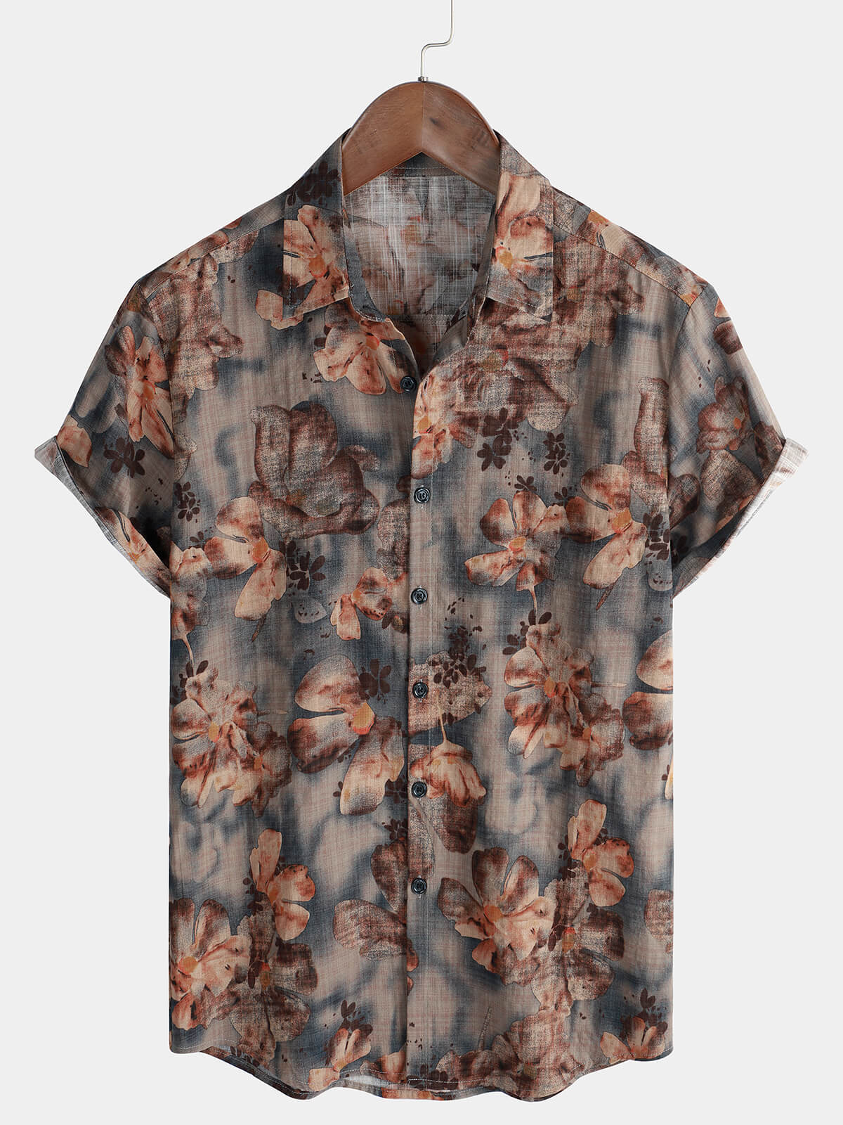 Kurzarmhemd mit Retro-Blumendruck für Herren, lässiges Revers-Einreiherhemd, 3D-gedrucktes Polyester-Kurzarmhemd