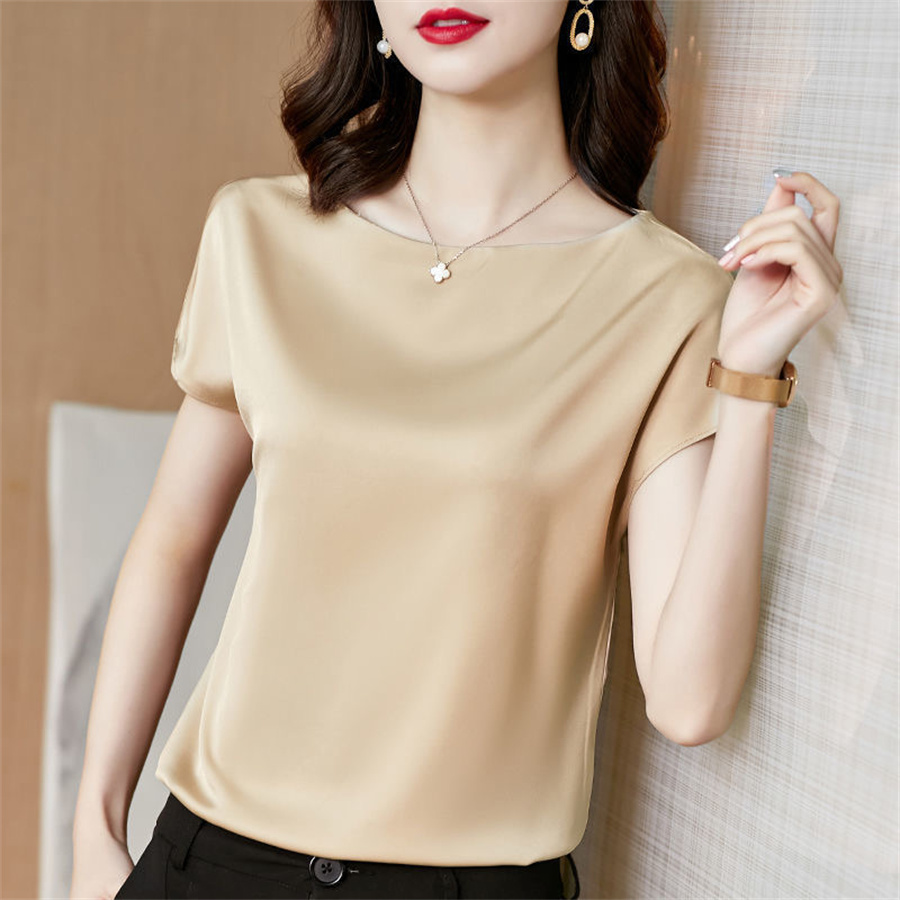 Büro Dame Tops Sommer Kurzarm Oansatz Blusen Satin Bluse Frauen Shirts Einfache Feste Beiläufige Lose Hemd Blusas DF4904