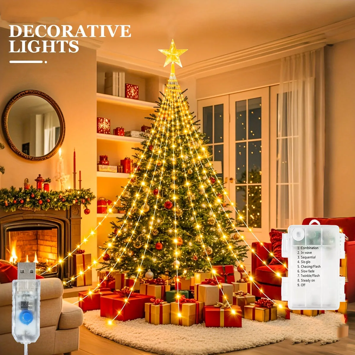 Luces LED de cascada de estrellas navideñas, alimentación USB, 8 modos de iluminación, para decoración navideña de fiestas en el jardín