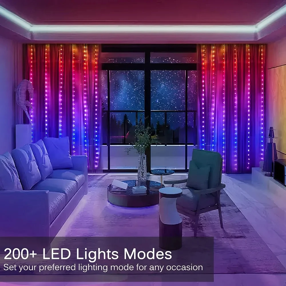 ไฟม่านแสงสี RGB บลูทูธ3*2ม./3 * 3M โคมไฟนางฟ้า LED รีโมทคอนโทรลกันน้ำสำหรับห้องนอนห้องนั่งเล่นไฟคริสมาสต์