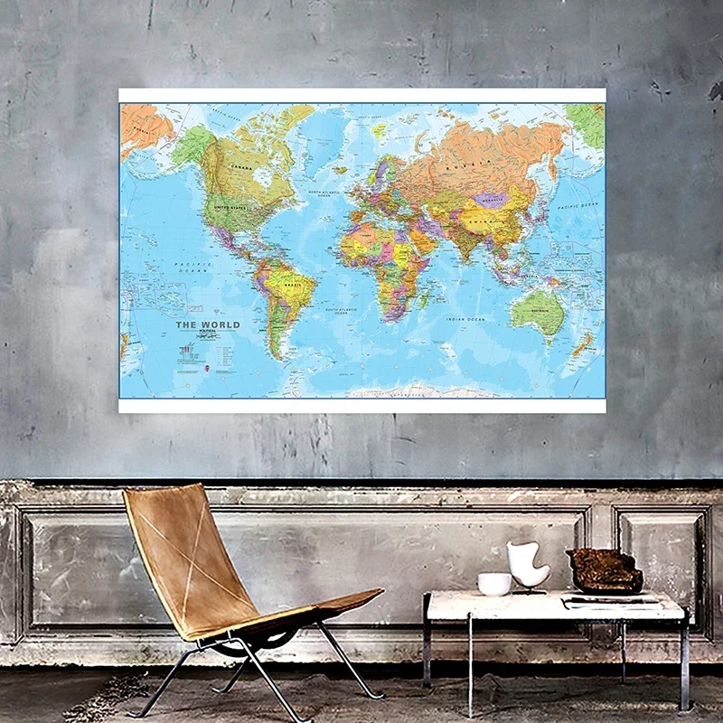 Mapa político del mundo de 150x100cm, póster de pared detallado, pinturas en lienzo impresas transparentes, decoración del hogar para el aula, suministros escolares
