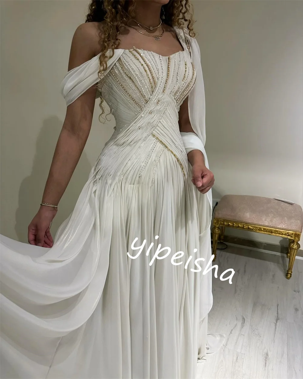 ที่กําหนดเอง Sparkle ประณีต JERSEY Beading Draped หมั้น A-Line Off-the-shoulder Bespoke โอกาสชุดยาวชุด