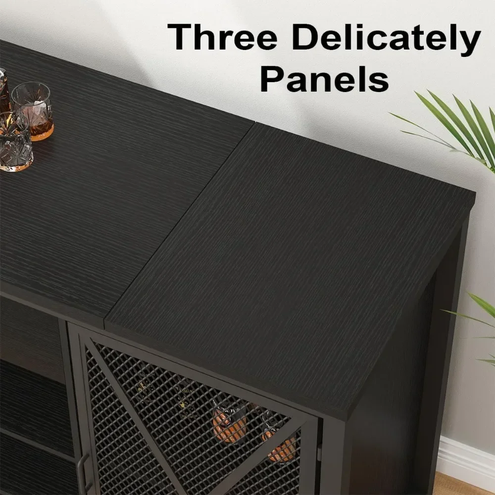 Coffee Bar Cabinet with Fridge Space, Modern Wood Metal Large Wine Liquor Cabinet with Rack, Big Wide Sideboard Buffet