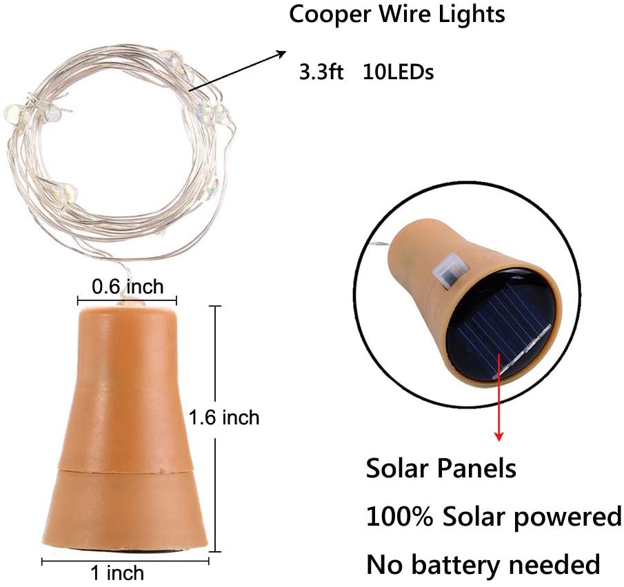 Luces solares para botellas de vino, 10LED, 15LED, 20LED, forma de corcho, guirnalda de luces navideñas, alambre de cobre, lámpara decorativa para habitación del hogar