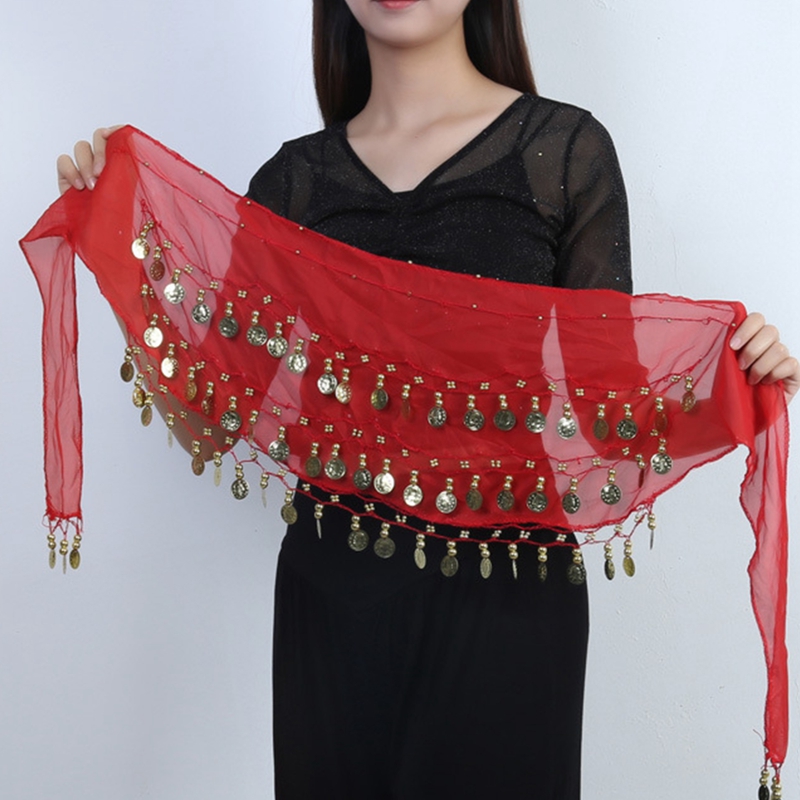 1 stks Vrouwen Buikdans Hippe Sjaal Accessoires 3 Rij Riem Rok Met 72 stks Goud Kleur Munten Taille Keten