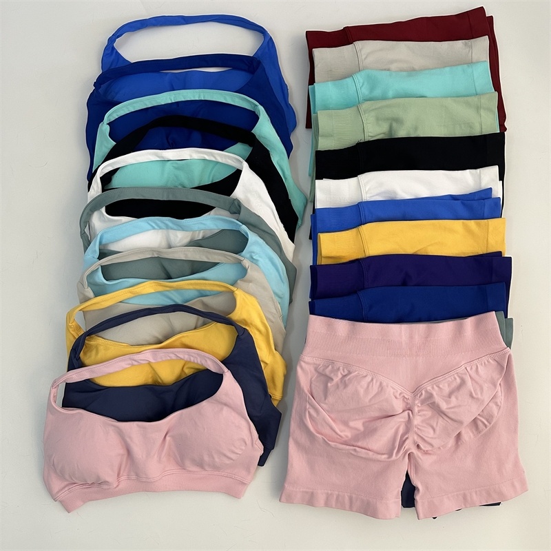 Conjunto de 2 pantalones cortos de impacto para piezas, conjunto de Yoga sin costuras, Halter Sujetador deportivo, ropa de Fitness, traje de gimnasio