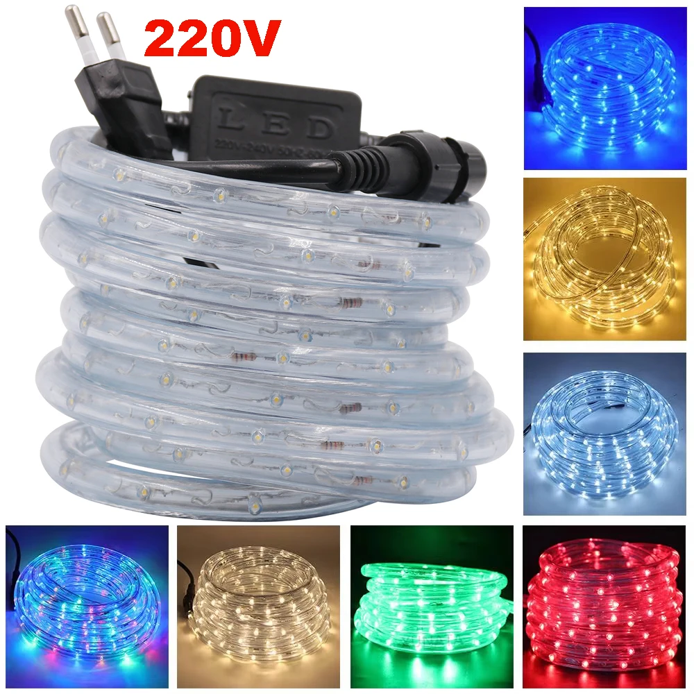 Tira de luces LED redonda de 220V y 360 grados, resistente al agua, arcoíris para exteriores, blanco cálido, azul, rojo, cuerda de luz Led para decoración de fiesta de Navidad