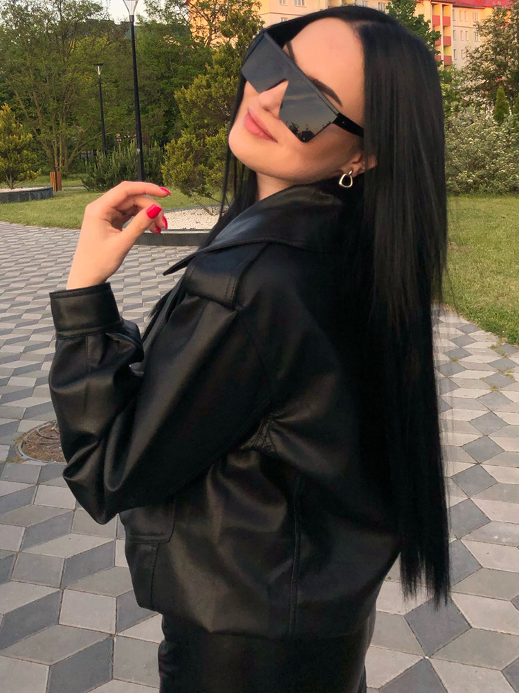 Ailegogo High Street ผู้หญิง Lapel หลวม Pu หนังสังเคราะห์สั้นแจ็คเก็ตฤดูใบไม้ผลิฤดูใบไม้ร่วงหญิงกระเป๋าขนาดใหญ่เข็มขัดเสื้อ Moto Biker Outwear