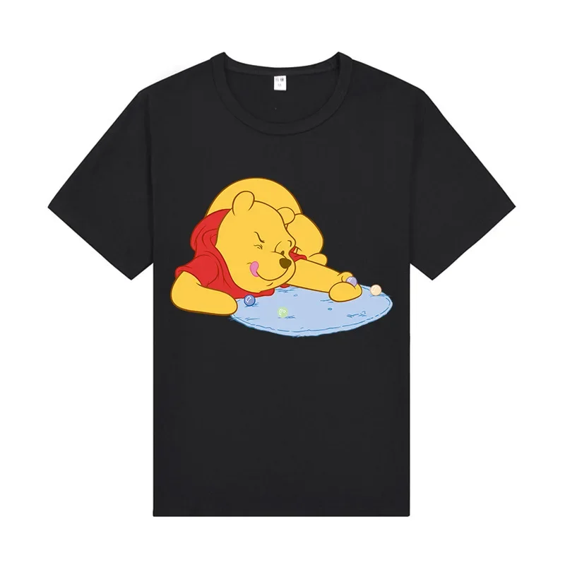 Atasan Lengan Pendek Disney Kaus Lengan Pendek Winnie The Pooh Kartun Gaun Musim Panas Baru Wanita Atasan Longgar Gadis Lucu