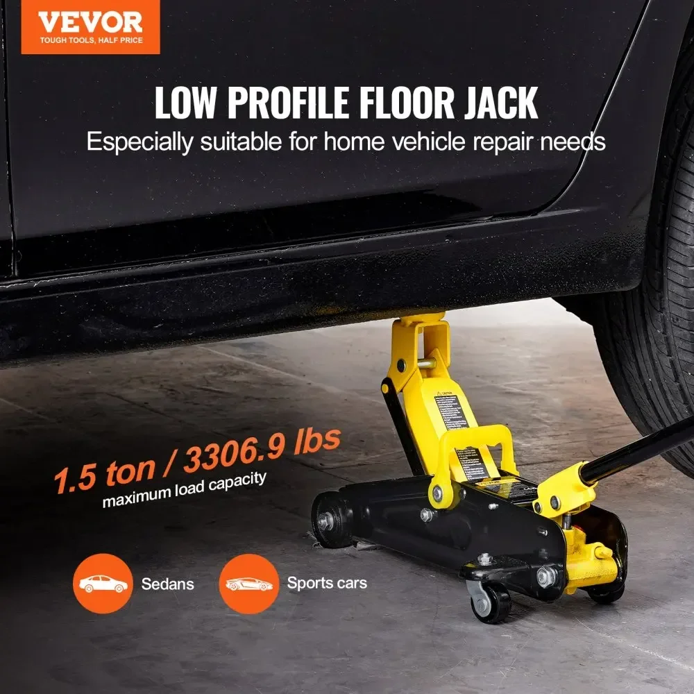 VEVOR Cric da pavimento a basso profilo da 1,5/2 tonnellate, cric da pavimento idraulico da corsa in ferro resistente, cric idraulico per auto