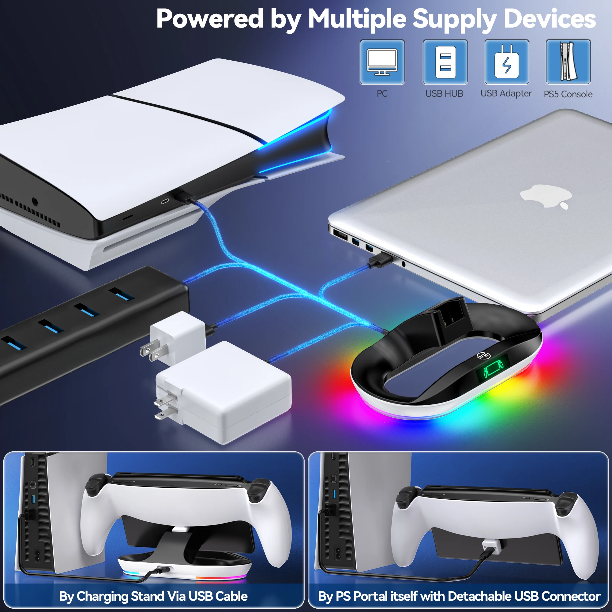 Ladestation für PlayStation Portal, Ladestation für PS Portal, Ladeständer mit 9 Lichtern, Handständerhalter für PS Portal
