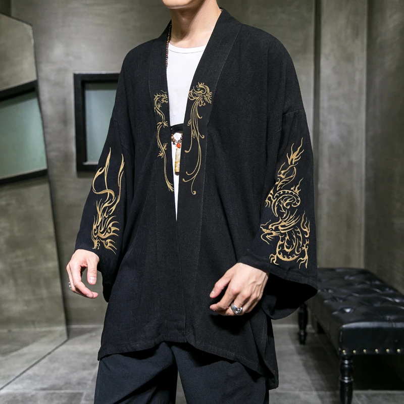ชุดแฟชั่น Tai Chi ชุดคลุมคาร์ดิแกนปักลายสไตล์จีนของผู้ชายจาก Hanfu เสื้อคลุมกิโมโน5XL ขนาดใหญ่เสื้อโค้ทผู้ชายโบราณ