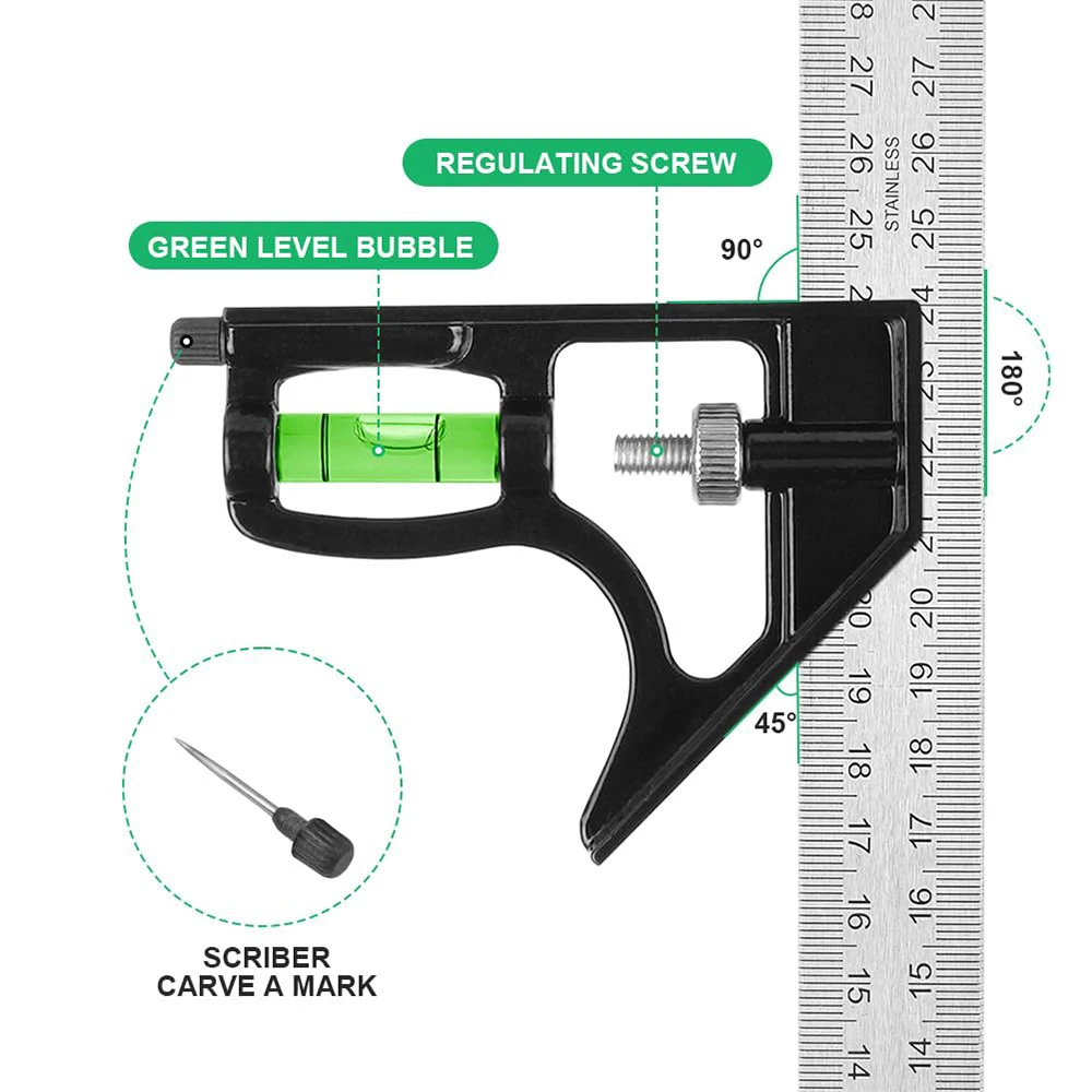 300MM Square Head with Aluminium Handle, 45/90 Degree Angle, Stop Angle Ruler with Level and Marking Pin, Angle Measuring Tool