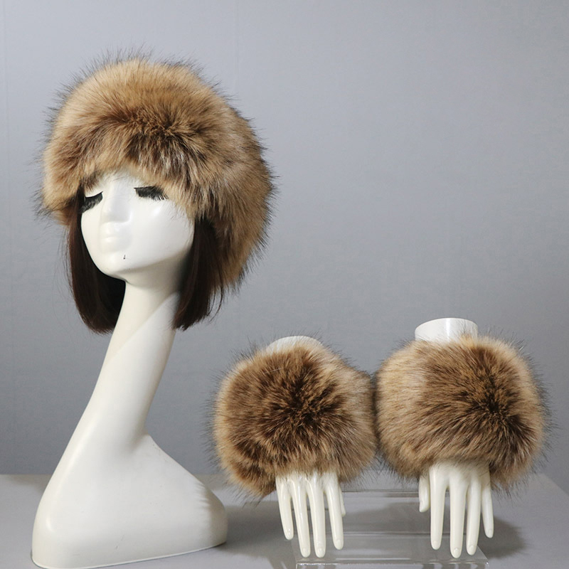 Een Set Vrouwen Faux Vossenbont Manchetten + Hoofdband Winter Warmer Hoed Arm Pols Mouw Handschoenen Dames Nepbont Cap + Elastische Polsband