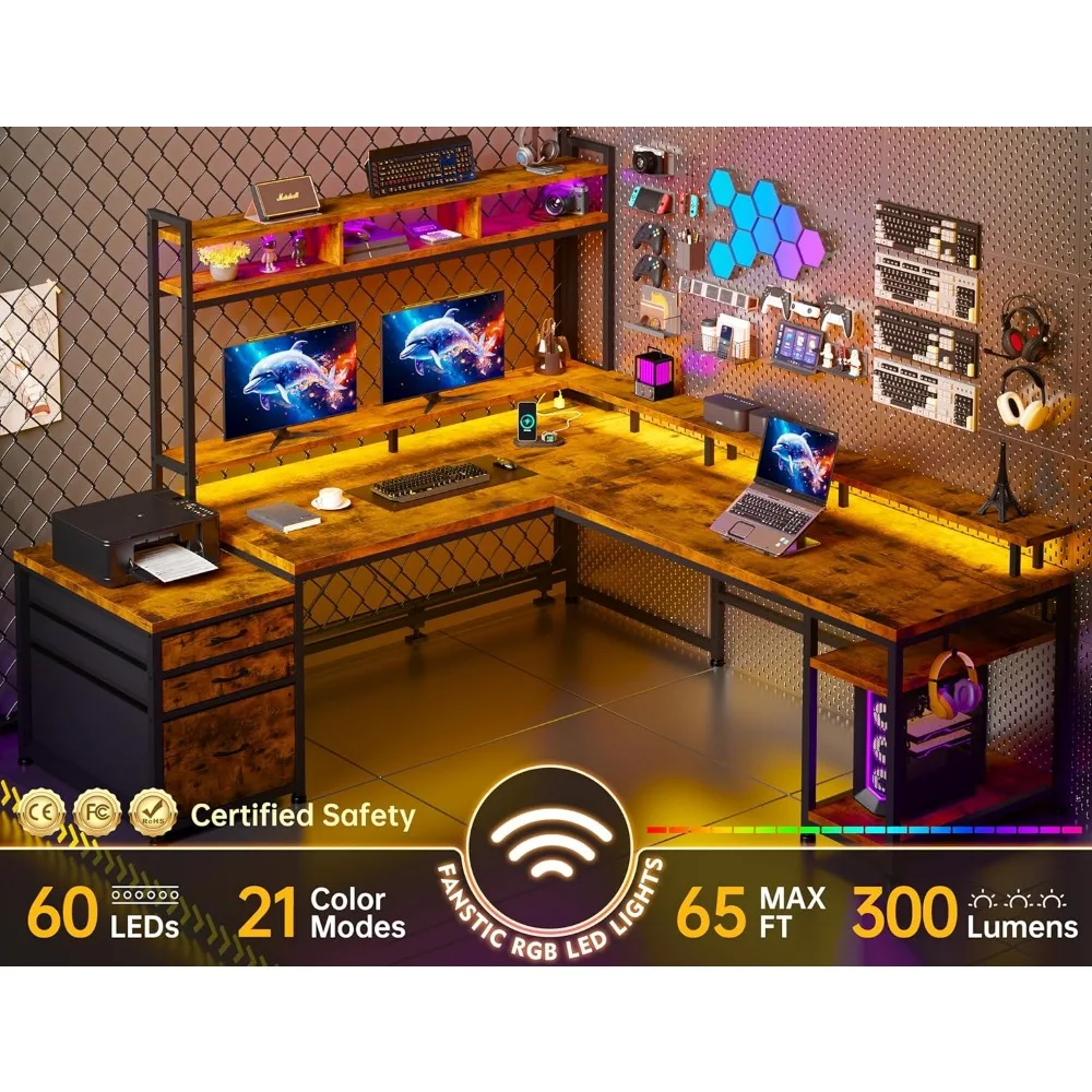 L Shaped Gaming Desk, Drawers & Storage Shelf Reversible Computer Desk with Monitor Stand & Power Outlets, LED Gaming Desk