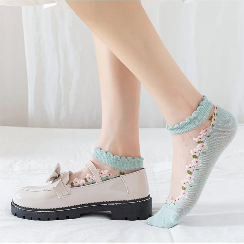 Calcetines tobilleros de encaje de cristal transparente para mujer, calcetines ultrafinos, transpirables, de secado rápido, bonitos calcetines amigables con la piel para primavera y verano