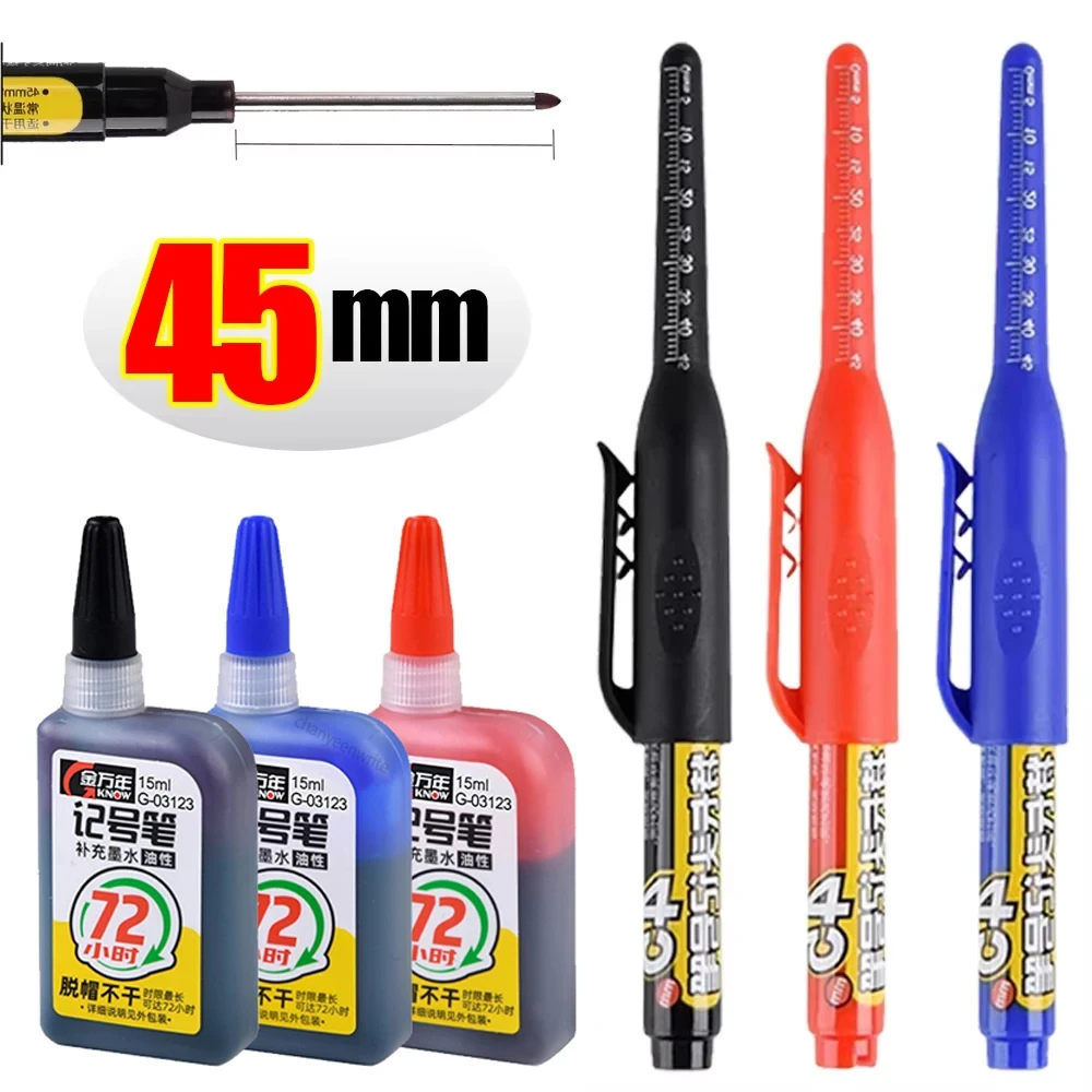 Pennarelli impermeabili per fori profondi da 45 mm Penna da carpentiere con punta lunga Inchiostro nero/blu/rosso per utensili manuali multiuso per la lavorazione del legno