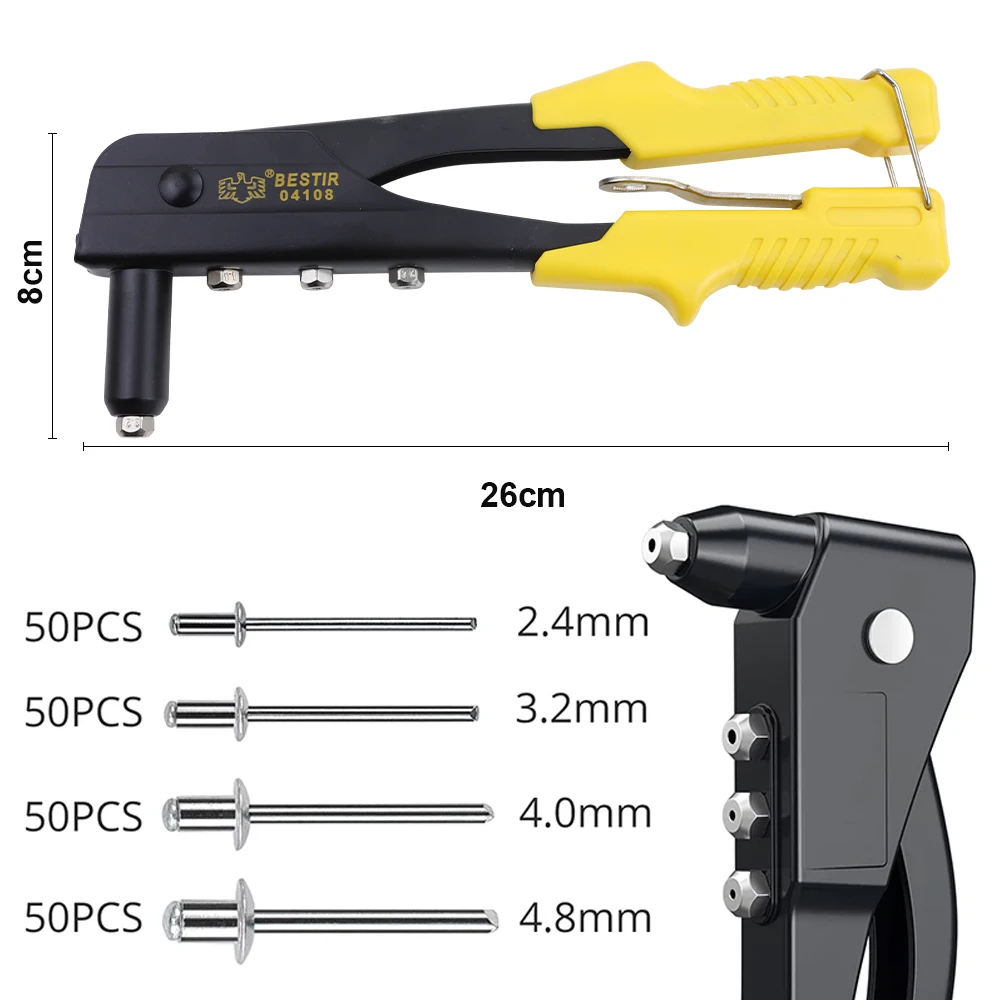 NINDEJIN-Juego de remaches de mano, herramienta profesional de pistola de remache Manual para reparación del hogar y bricolaje, con 200 remaches M2.4 M3.2 M4 M4.8