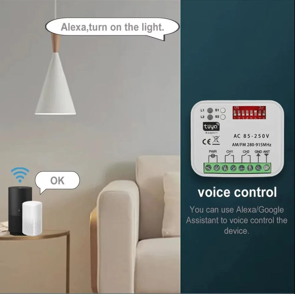 Tuya WiFi Garage Door Receiver 2CH Gate Universal Receiver Multi Frequency for 300-900MHz Remote Control Switch 9-30V 85-250V