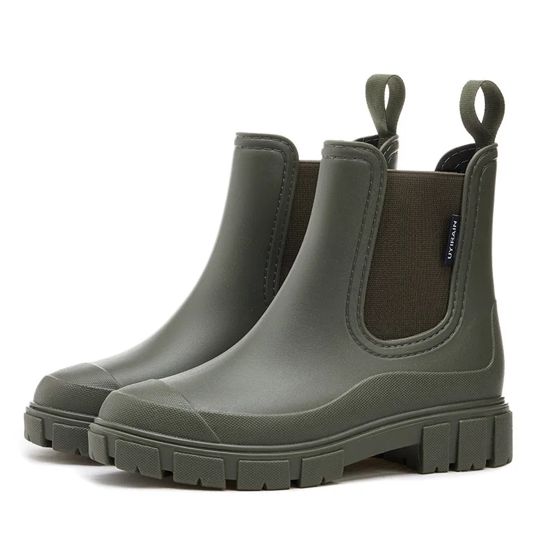 Botas impermeables para mujer, nuevo estilo, botines con boca elástica, zapatos de lluvia de media caña, botas de agua Chelsea antideslizantes para interiores y exteriores para mujer