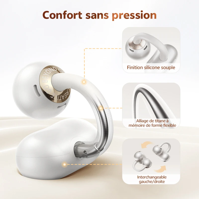 QCY Crossky C50 Écouteurs sans fil Bluetooth 6.0 à oreille ouverte, confortables, à clipser, 4 micros, appels clairs, amplification des basses, 35 heures d'autonomie pour le sport et la course à pied