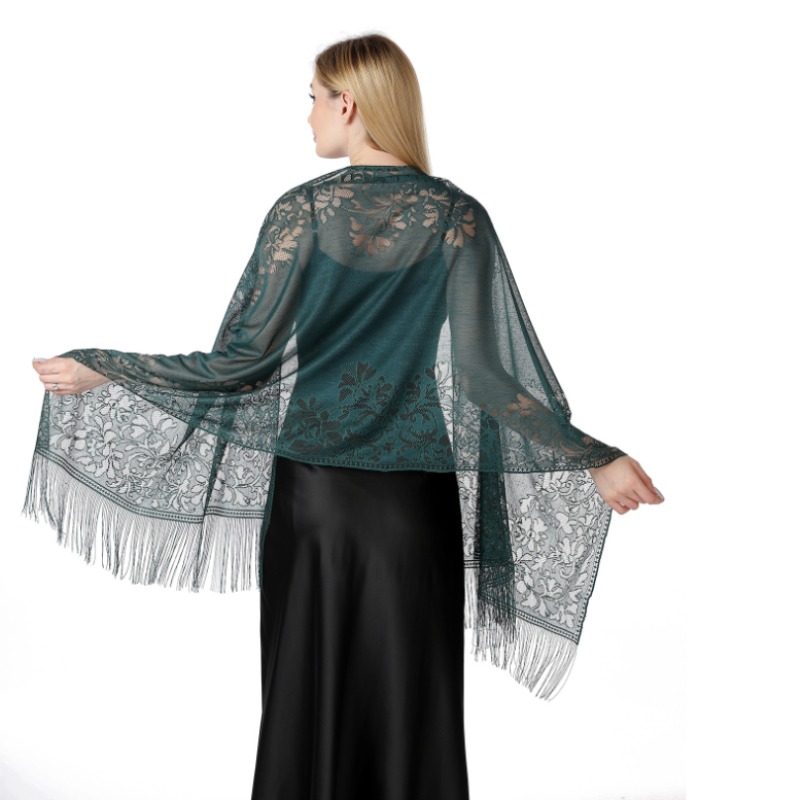 185 x 63 cm Damen-Schal, aushöhlen, gehäkelt, florale Spitze, mit Fransen, Quasten, Hochzeit, Umhang, Abendparty, Vintage-Schal