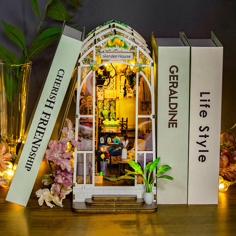 DIY ガーデンハウスブックコーナー棚インサートミニチュア構築キット木製フラワーガーデンルーム本棚 LED ライト付きドールハウス
