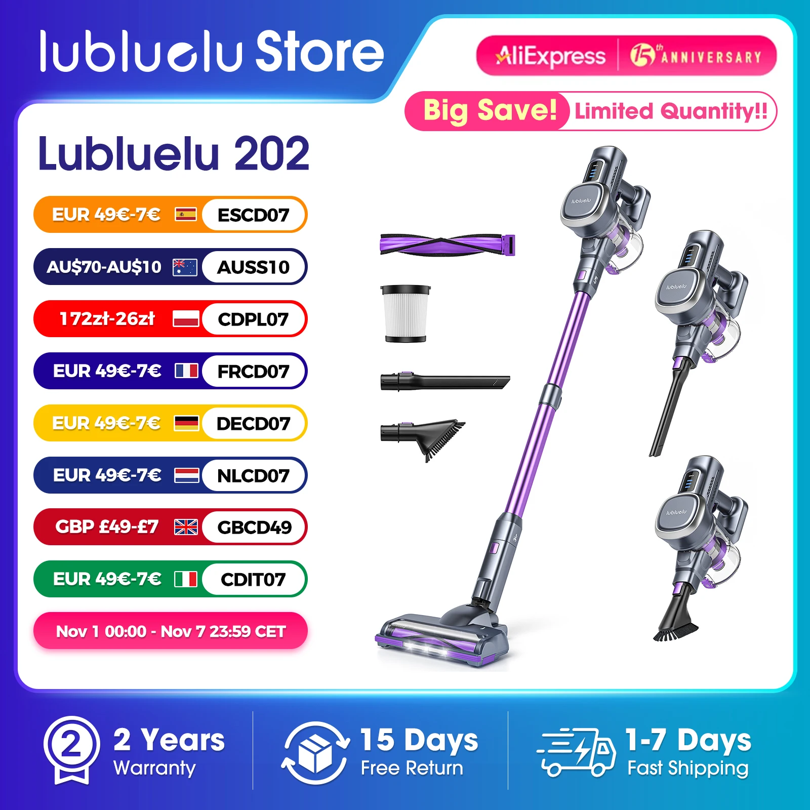 Lubluelu 202 Akku-Staubsauger, leicht, 6-in-1, 25 kPa leistungsstark, ohne Kabel, für Teppiche, Böden, Tierhaare