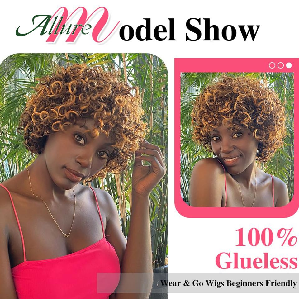 บราซิลสั้น Pixie Bob ตัดผมมนุษย์ Wigs สําหรับผู้หญิง Jerry Curly ผมวิกผมกับ Bangs 10 นิ้วไฮไลท์สีวิกผม Allure