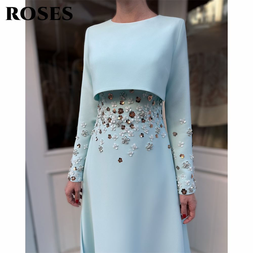 ROSES Light Blue Evening Dresses O-Neck Satin Trailing Prom Dress with Embellished Waist and Embellished Long Sleeves Customized