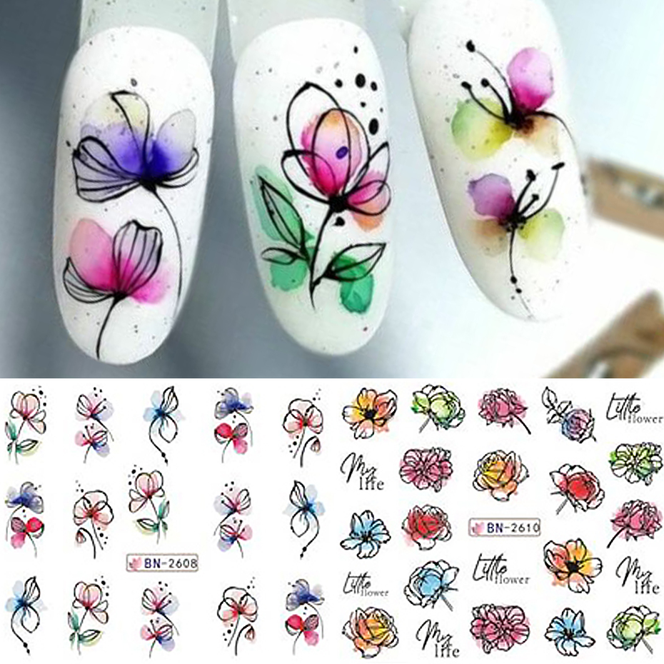 12 pçs tinta flores arte do prego adesivo verão decalque de água florescendo flores folhas graffiti slider decoração do prego folhas tatuagem
