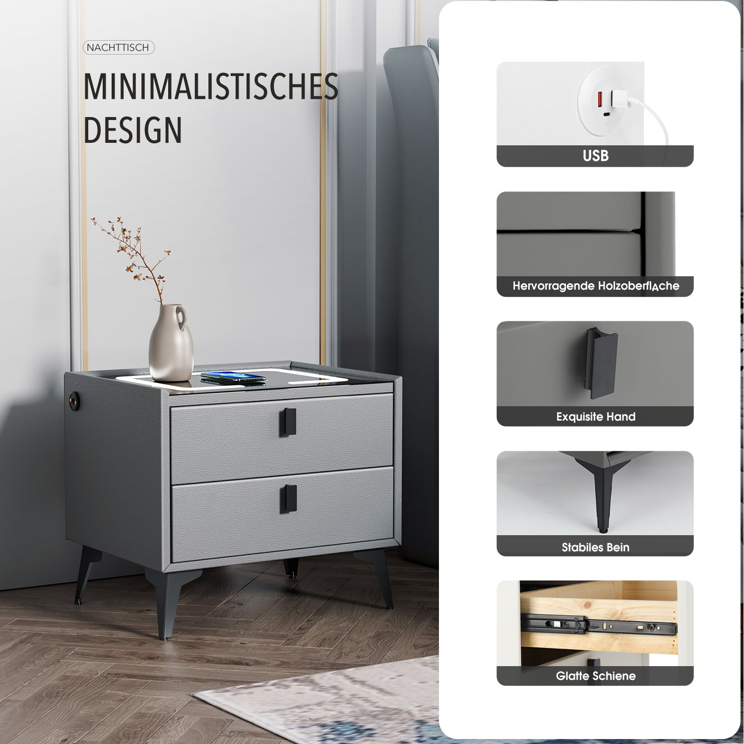 Mesa de cabeceira inteligente com carregamento sem fio, cabeceira com luz LED, mesa de cabeceira com 2 gavetas, cômoda para sala de estar