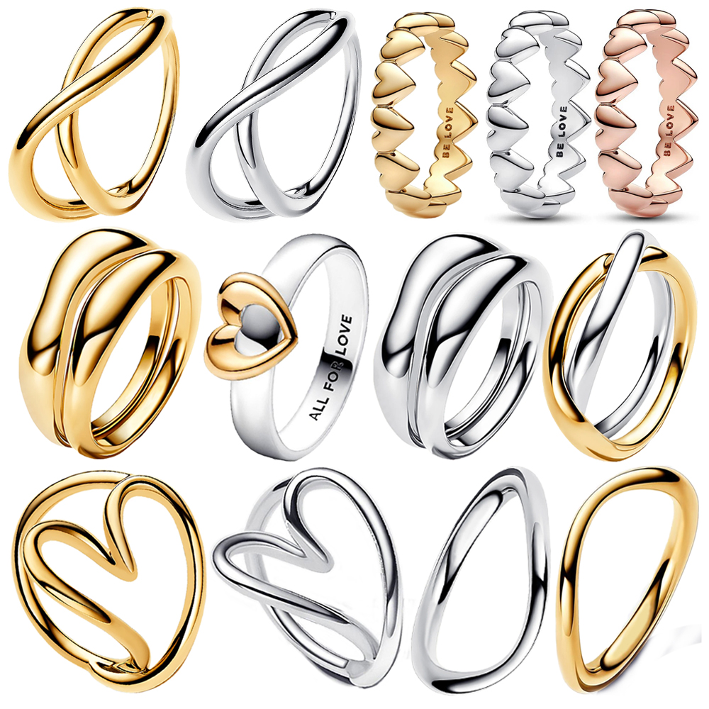 Fashionable 925 Sterling Silver Tri Color Connected Heart&Interwoven&Sliding Heart&Organic Double-layer Ring Couple Style Jewelr